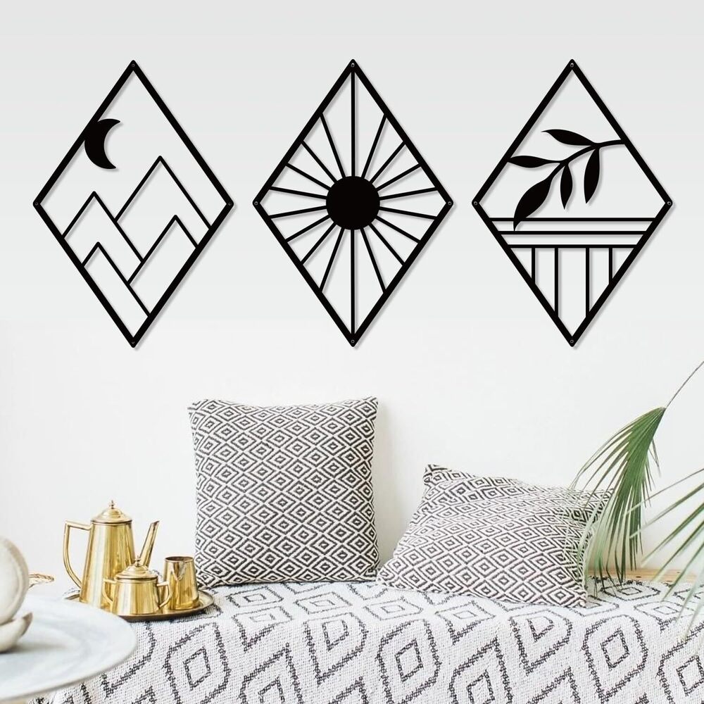 1732 Boho Metal Minimalist Geometry Wall Art, Black Bohemian Line Metal Art